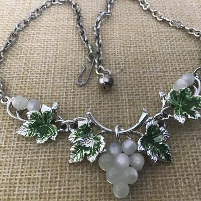 Vintage Silver Tone with Green Enamel and Pearl  Resin Grapevine 16 Inch Bib Necklace with Hook Clasp.