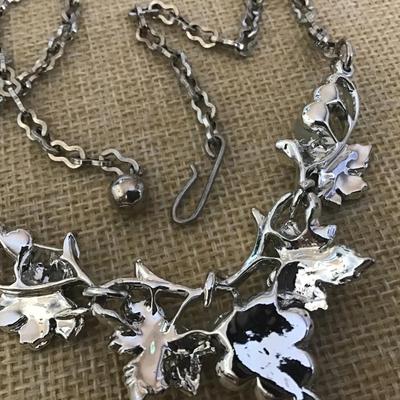 Vintage Silver Tone with Green Enamel and Pearl  Resin Grapevine 16 Inch Bib Necklace with Hook Clasp.