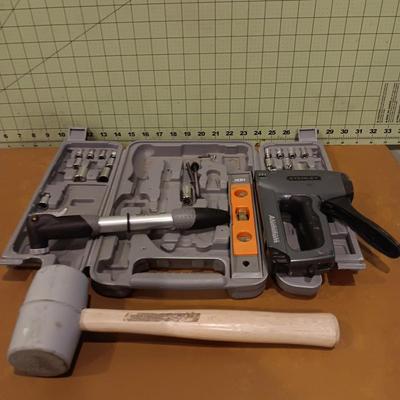 Stanley stapler, mallet, & tool box with some tools