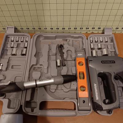 Stanley stapler, mallet, & tool box with some tools
