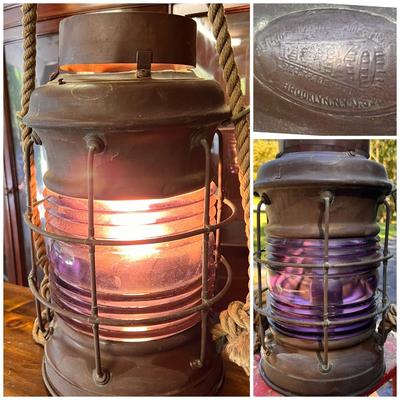 Large Antique Perko Electrified Nautical Ships Lantern Purple Glass