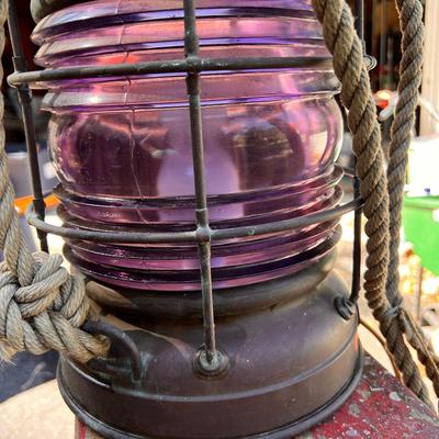 Large Antique Perko Electrified Nautical Ships Lantern Purple Glass
