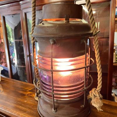 Large Antique Perko Electrified Nautical Ships Lantern Purple Glass