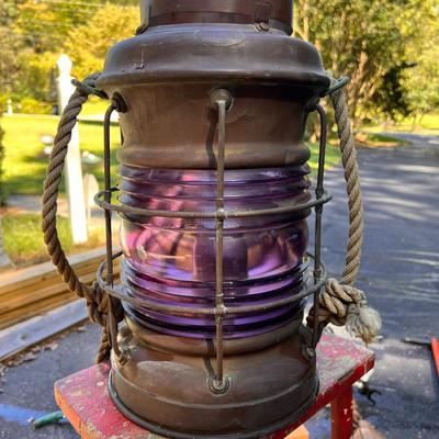 Large Antique Perko Electrified Nautical Ships Lantern Purple Glass