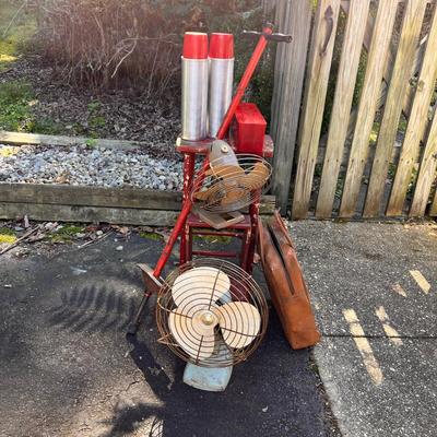 Antique Vintage Lot - Pogo Stick, 2 Metal Fans, Rustic Folding Stool