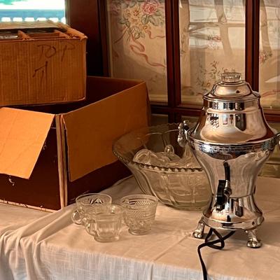 Large Vintage Punch Bowl, Punch Cups, MCM Electric Percolator