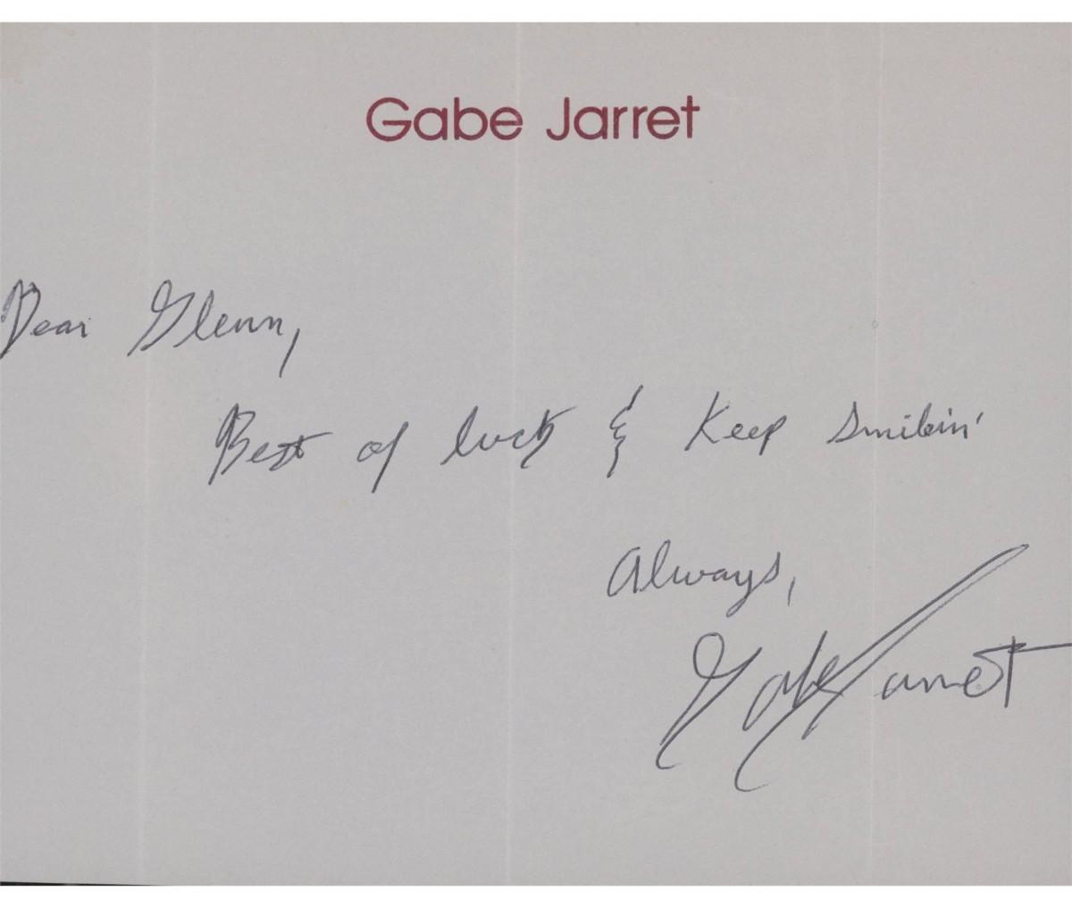 The Real Genius' Gabe Jarret signed note