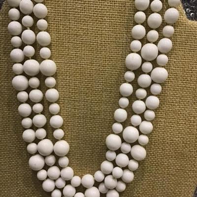 Vintage White 3-Strand Faux Milk Glass Beaded Mid-Century Style Necklace