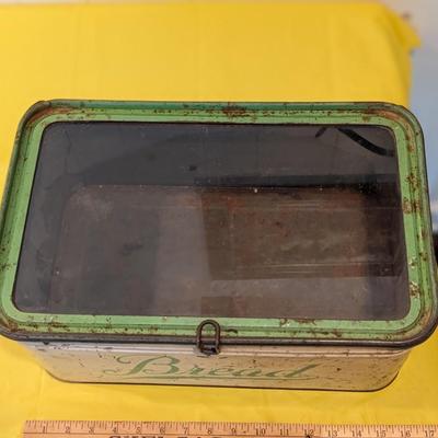 VINTAGE TIN BREAD BOX WITH GLASS LID