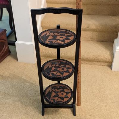 Vintage 3-Tier Mahogany Carved Folding Table Plant Shelf