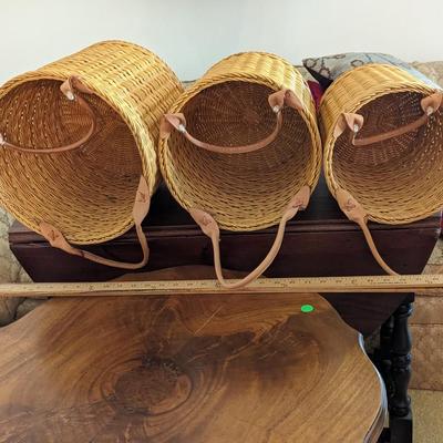 Set of 3 Wicker Baskets with Leather Handles