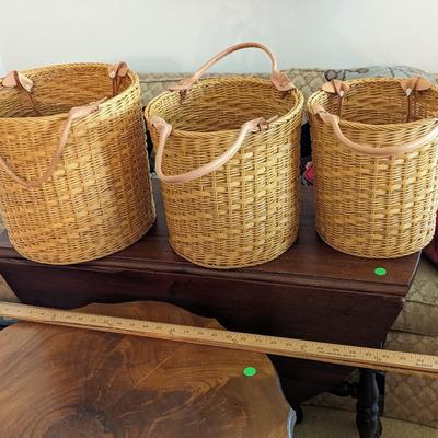 Set of 3 Wicker Baskets with Leather Handles