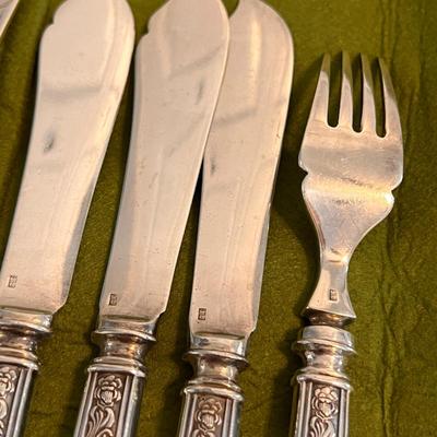 Antique Engraved Silver Fish Cutlery Set