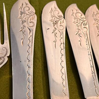 Antique Engraved Silver Fish Cutlery Set