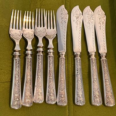 Antique Engraved Silver Fish Cutlery Set