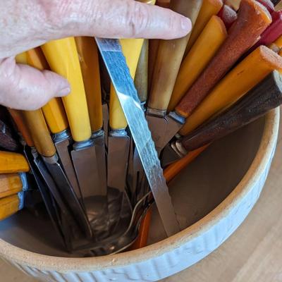 Lg Collection of Vintage Bakelite Stay Brite Stainless Steel Silverware, Includes Bowl