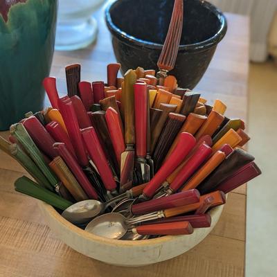 Lg Collection of Vintage Bakelite Stay Brite Stainless Steel Silverware, Includes Bowl