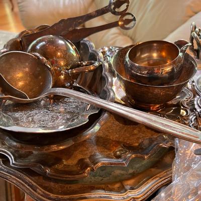Large Lot Antique Vintage Silver Plate & Pewter Serving-ware