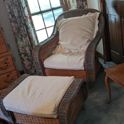 Palecek Wicker Chair and Ottoman, Lovely Pillows Included
