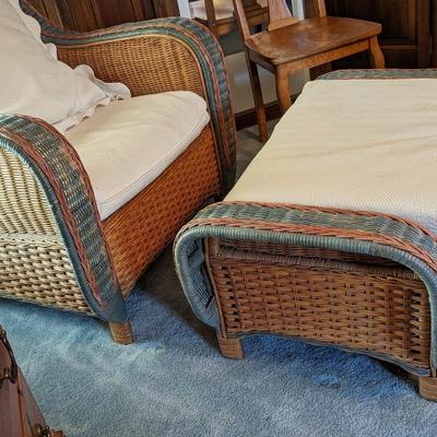 Palecek Wicker Chair and Ottoman, Lovely Pillows Included