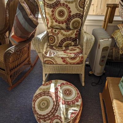 Vintage Wicker Cushioned Rocking Chair and Foot Stool