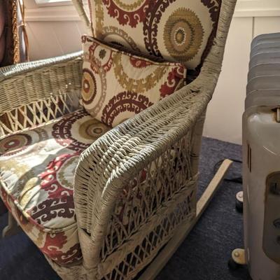 Vintage Wicker Cushioned Rocking Chair and Foot Stool