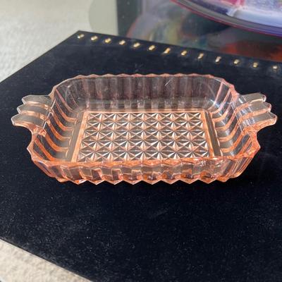 Pink depression glass candy dish
