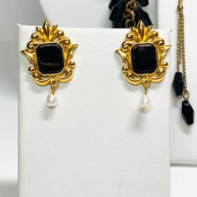 LOT 2: Black Beaded Y-Style Necklace, Black Beaded Dangle Earrings & Avon Post Pierced Earrings