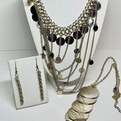 LOT 5: Multi Strand Silver Tone Necklace, Chain-link Earrings & Silver Tone Round Disc Necklace
