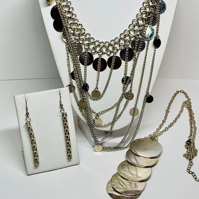 LOT 5: Multi Strand Silver Tone Necklace, Chain-link Earrings & Silver Tone Round Disc Necklace