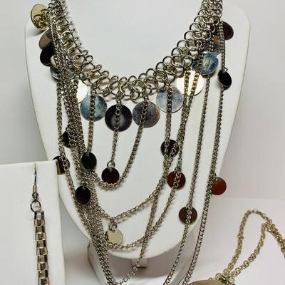 LOT 5: Multi Strand Silver Tone Necklace, Chain-link Earrings & Silver Tone Round Disc Necklace
