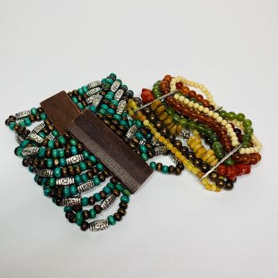 LOT 7: Wood Bangle Bracelets & Beaded Stretch Bracelets