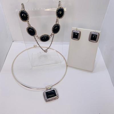LOT 15: Choker Necklace w/Signed Roman Pendant, Black & Silvertone Necklace & Pierced Earrings