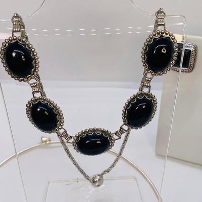 LOT 15: Choker Necklace w/Signed Roman Pendant, Black & Silvertone Necklace & Pierced Earrings