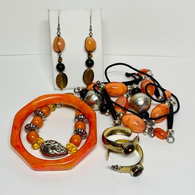 LOT 16: Beaded Oranges/Browns Necklace, Gold Tone Hoops, Dangle Earrings & Bangle Bracelet