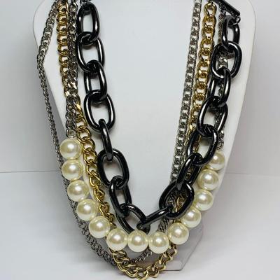 LOT 26: Multi Strand Chain Link Necklace, Chain Link Earrings, Multi Strand Gold & Silve Tone w/Faux Pearls Necklace