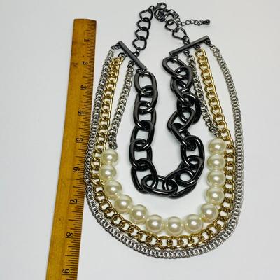 LOT 26: Multi Strand Chain Link Necklace, Chain Link Earrings, Multi Strand Gold & Silve Tone w/Faux Pearls Necklace