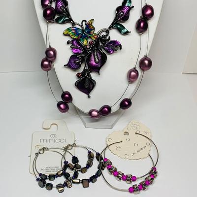 LOT 28: Butterfly & Flower Statement Necklace in Hues of Purple, Beaded Hoop Earrings, & More