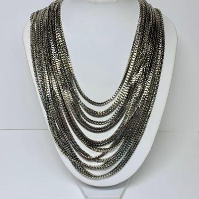 LOT 31: Multi Stand Silver Tone Box Chain Necklace & Gold Tone Bar/Chain Necklace