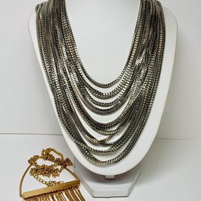 LOT 31: Multi Stand Silver Tone Box Chain Necklace & Gold Tone Bar/Chain Necklace