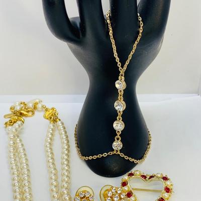 LOT 36: Faux Pearl Choker w/Pendant, Heart Brooch, Gold Tone/Rhinestone Necklace & More