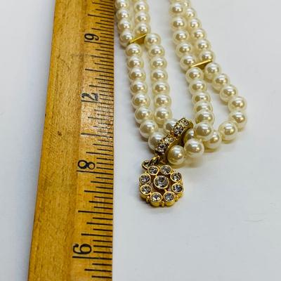 LOT 36: Faux Pearl Choker w/Pendant, Heart Brooch, Gold Tone/Rhinestone Necklace & More