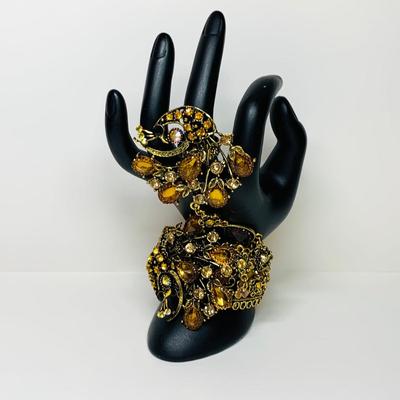 LOT 43: Unique Cuff Bracelet w/Attached Ring, Beaded Chain Drop Earrings & More