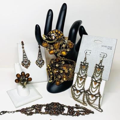 LOT 43: Unique Cuff Bracelet w/Attached Ring, Beaded Chain Drop Earrings & More