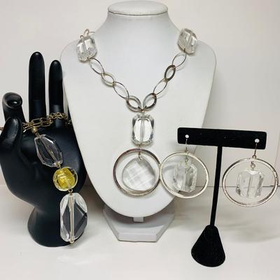 LOT 53: Silver Tone & Clear Acrylic Necklace w/Matching Hoop Earrings