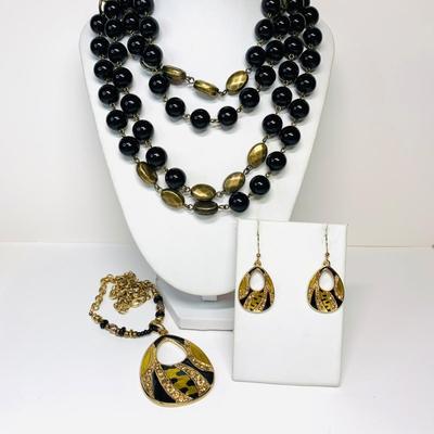 LOT 58: Gold Tone & Black Beaded Necklace with a Matching Necklace & Earring Set