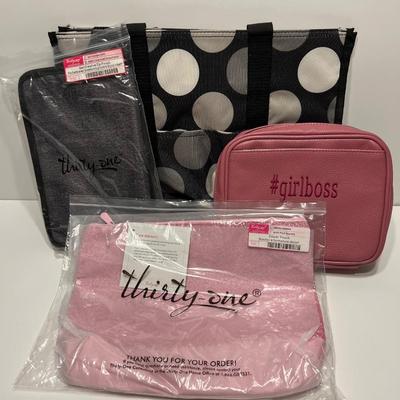 LOT 65: Thirty-One Collection: Zip Top Utility Tote, Zipper Pouch, Get Creative Zip Pouch & Organizing Zip Case