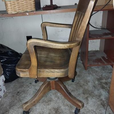 VINTAGE WOODEN DESK CHAIR-DESK LIGHT AND OFFICE SUPPLIES