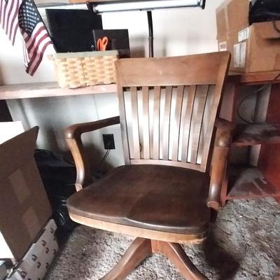 VINTAGE WOODEN DESK CHAIR-DESK LIGHT AND OFFICE SUPPLIES