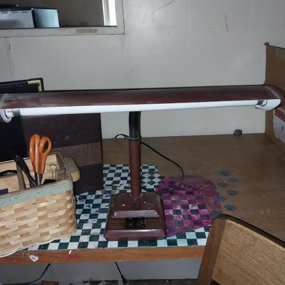 VINTAGE WOODEN DESK CHAIR-DESK LIGHT AND OFFICE SUPPLIES